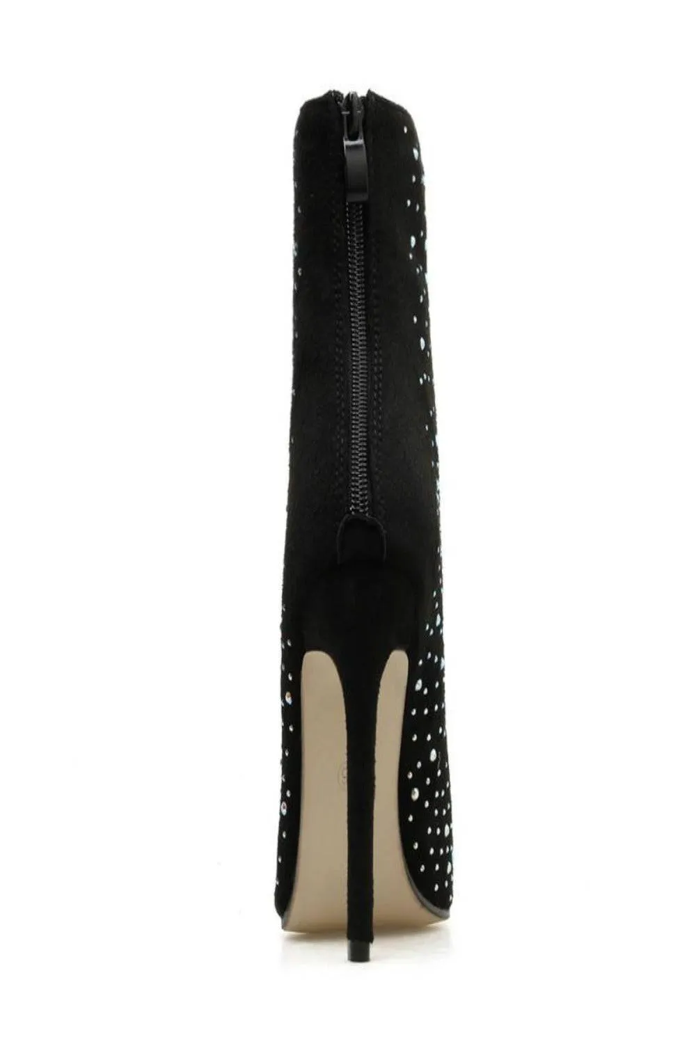 Black Stiletto Heel Pointed Toe Booties Rhinestone Ankle Boots