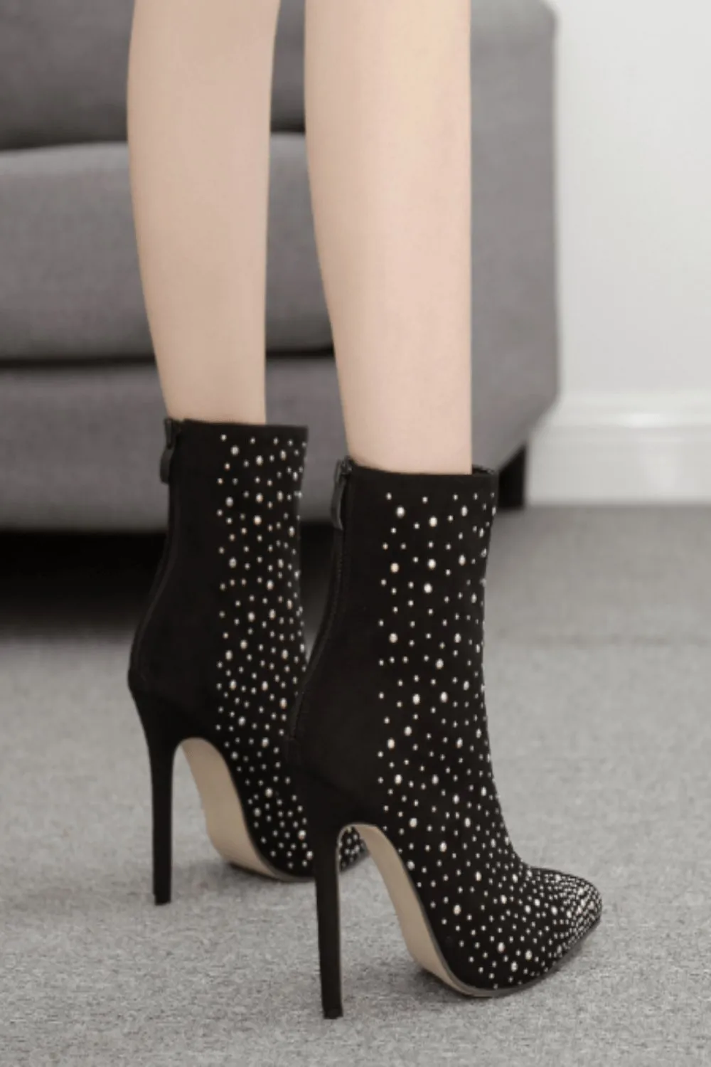 Black Stiletto Heel Pointed Toe Booties Rhinestone Ankle Boots