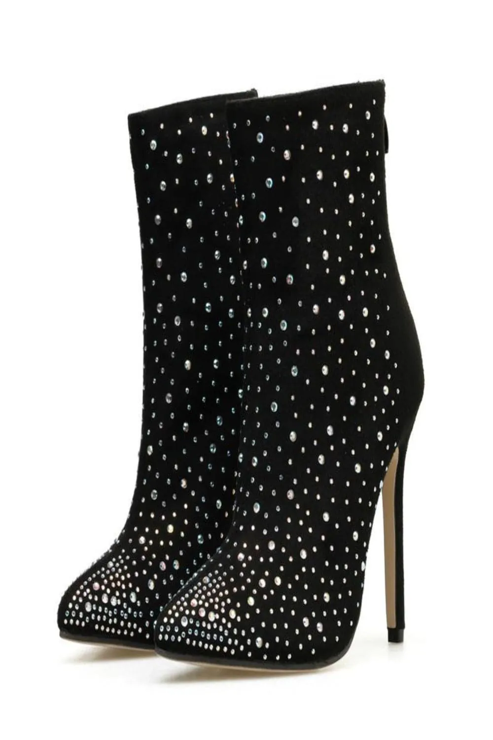 Black Stiletto Heel Pointed Toe Booties Rhinestone Ankle Boots