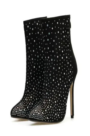 Black Stiletto Heel Pointed Toe Booties Rhinestone Ankle Boots
