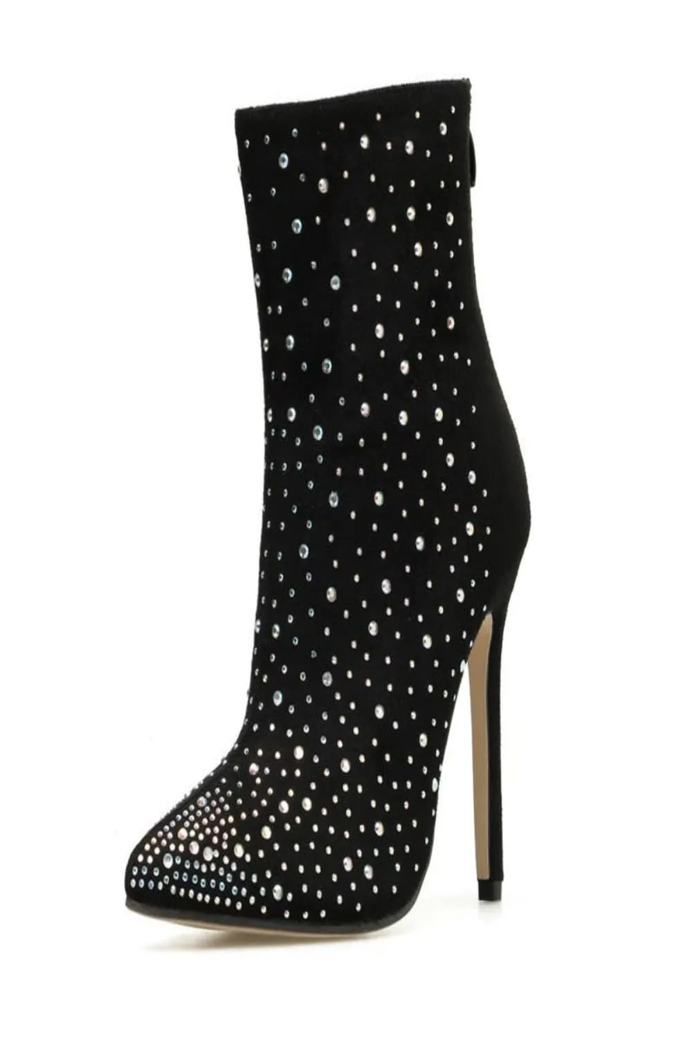 Black Stiletto Heel Pointed Toe Booties Rhinestone Ankle Boots