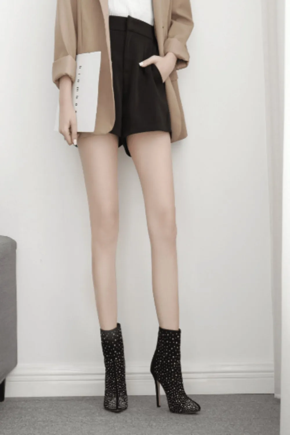 Black Stiletto Heel Pointed Toe Booties Rhinestone Ankle Boots
