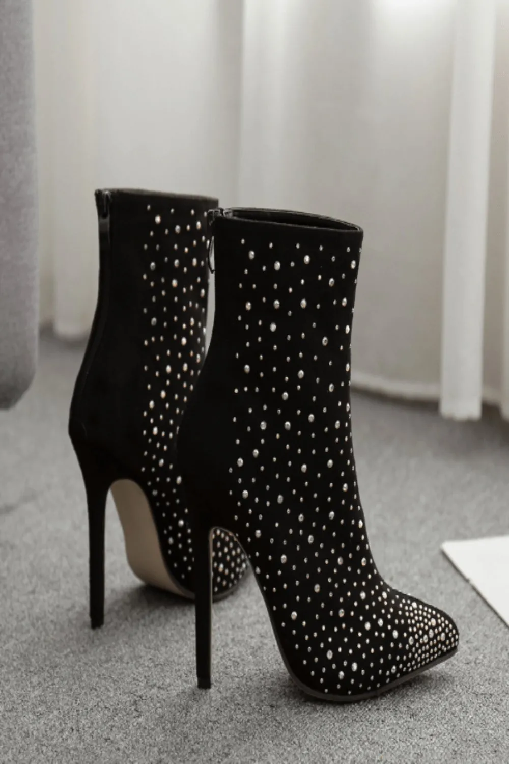 Black Stiletto Heel Pointed Toe Booties Rhinestone Ankle Boots