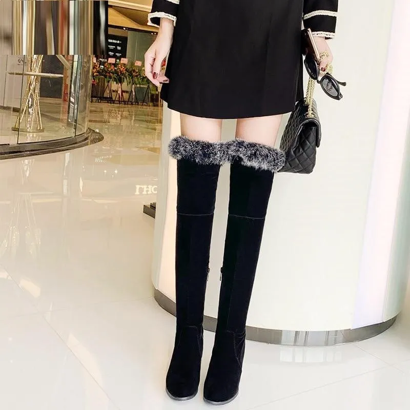 Black Suede Over the Knee Flock Winter Boots w/ Faux Fur Womens Shoes