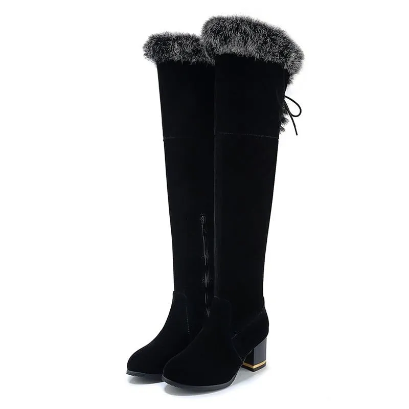 Black Suede Over the Knee Flock Winter Boots w/ Faux Fur Womens Shoes