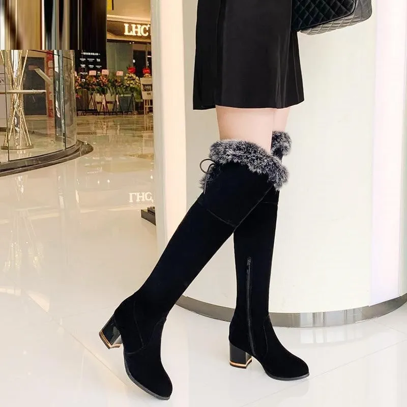 Black Suede Over the Knee Flock Winter Boots w/ Faux Fur Womens Shoes