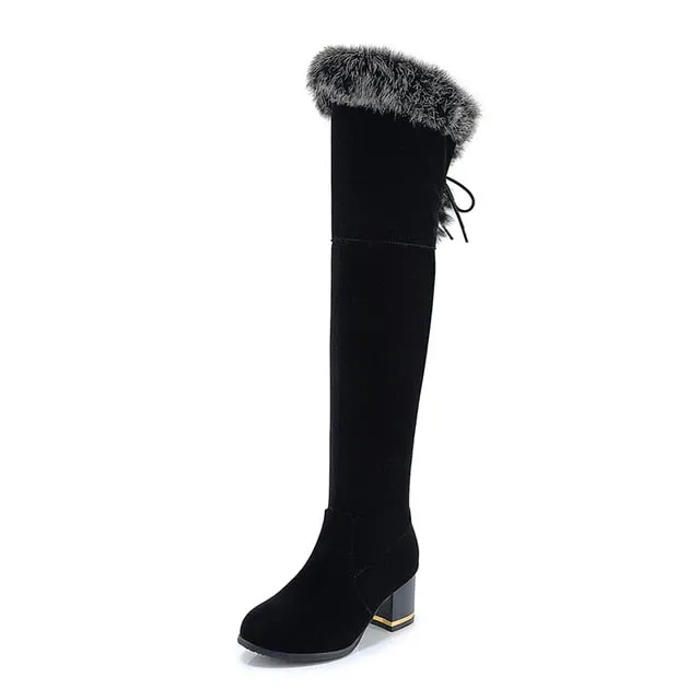 Black Suede Over the Knee Flock Winter Boots w/ Faux Fur Womens Shoes