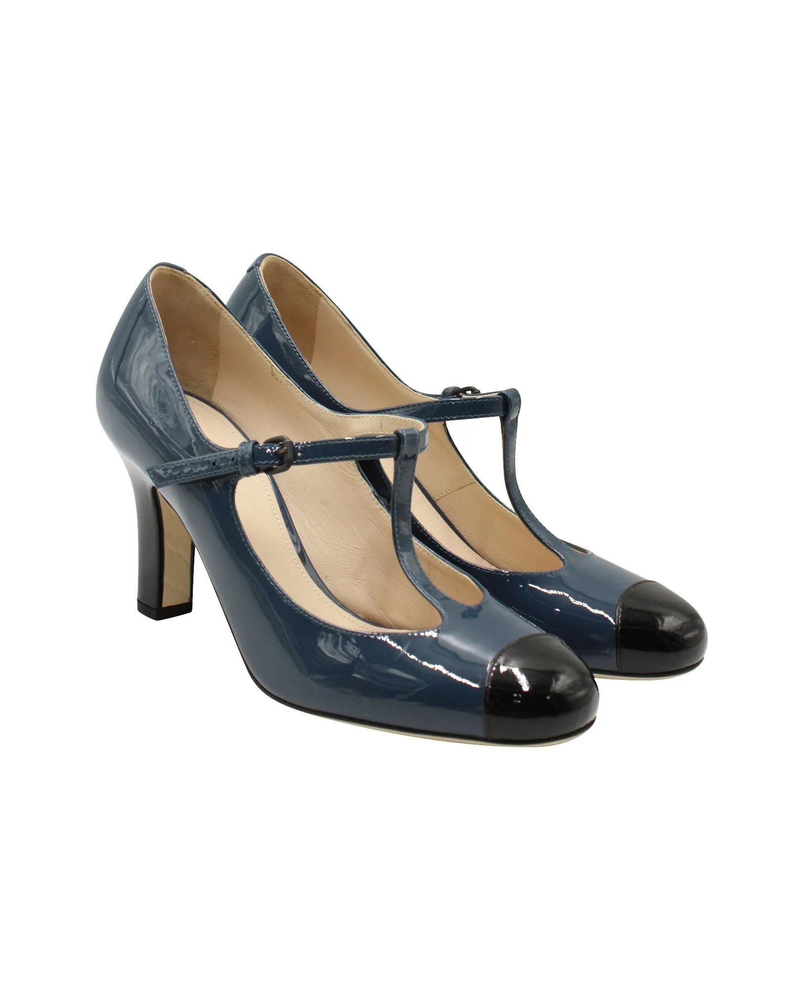 Bottega Veneta T-Strap Two-Toned Mary Janes in Blue Patent Leather