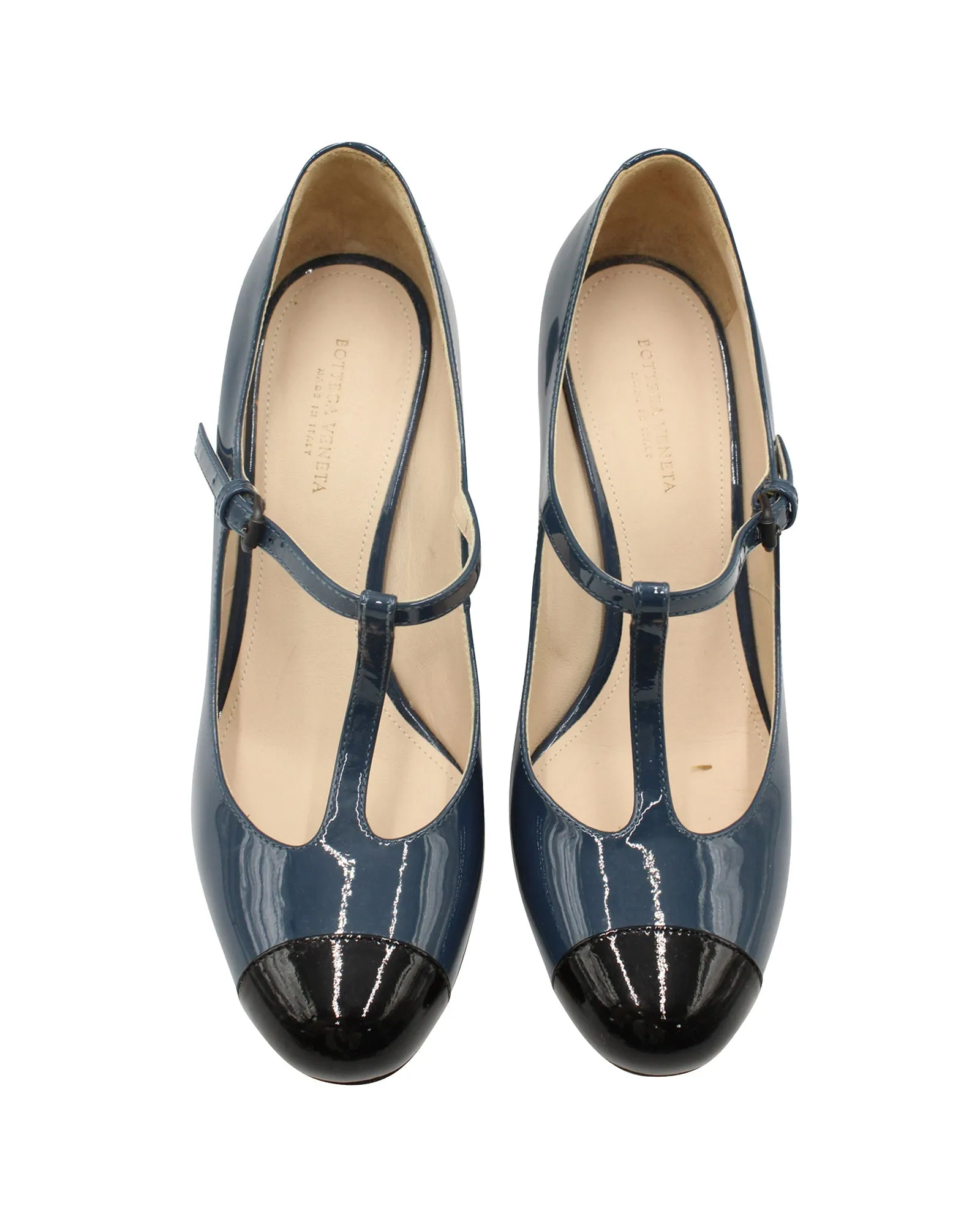 Bottega Veneta T-Strap Two-Toned Mary Janes in Blue Patent Leather