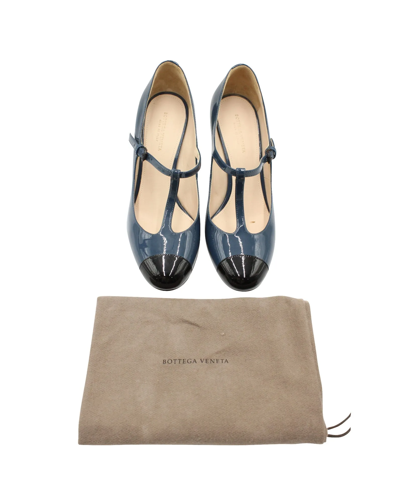 Bottega Veneta T-Strap Two-Toned Mary Janes in Blue Patent Leather
