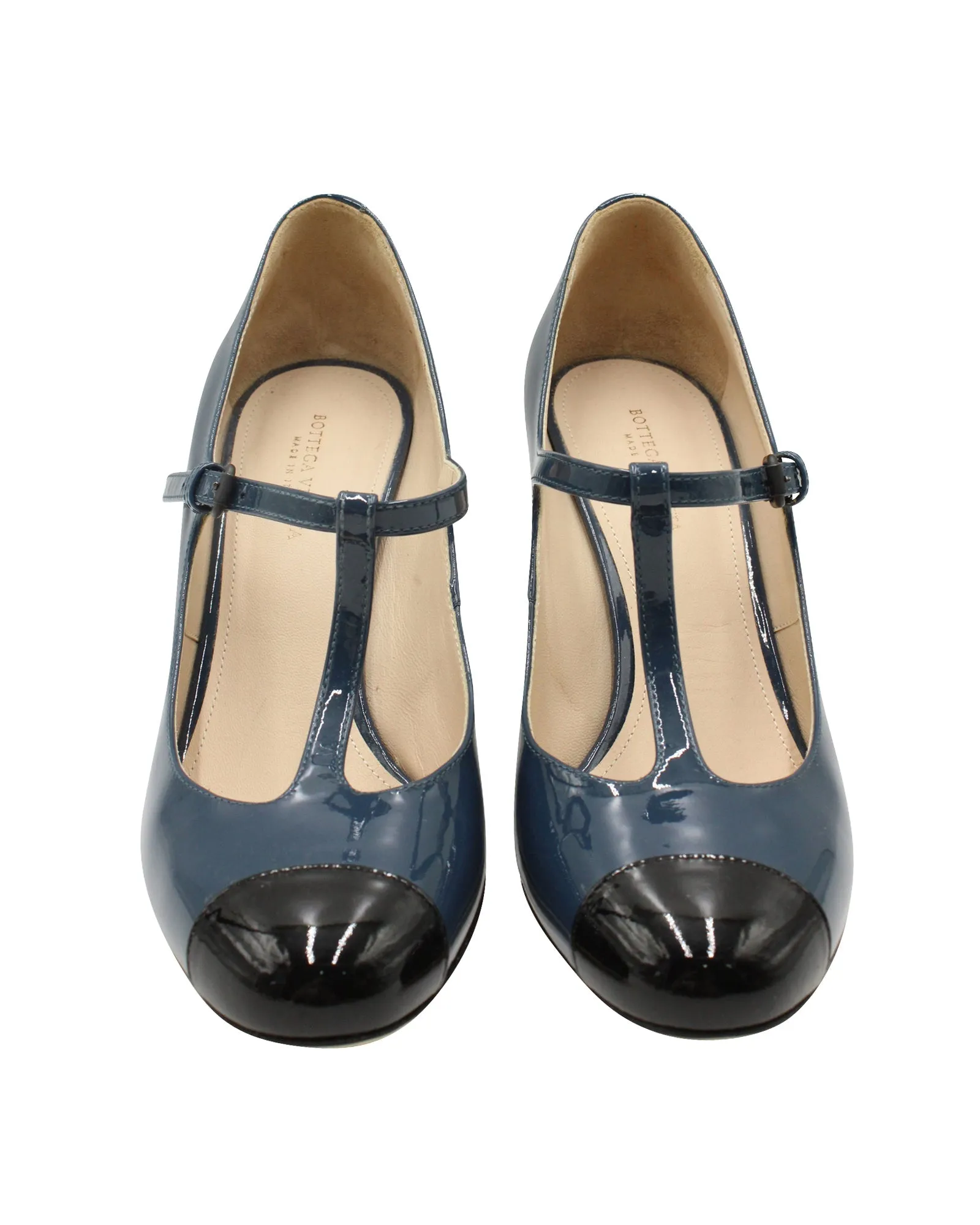 Bottega Veneta T-Strap Two-Toned Mary Janes in Blue Patent Leather