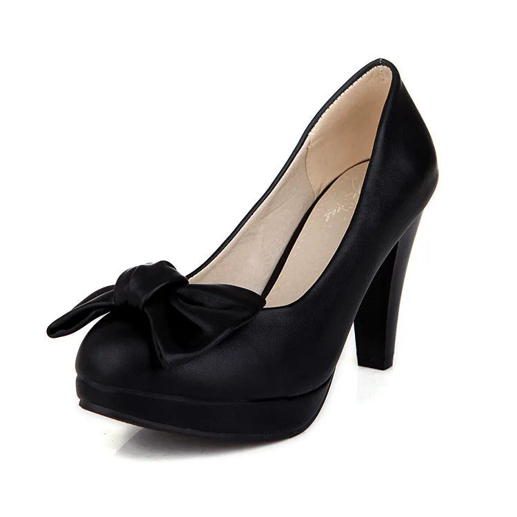 Bow Sweet Elegant Lady Thick Heel Retro Women's High Heels
