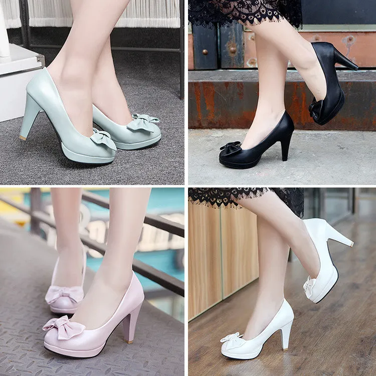 Bow Sweet Elegant Lady Thick Heel Retro Women's High Heels
