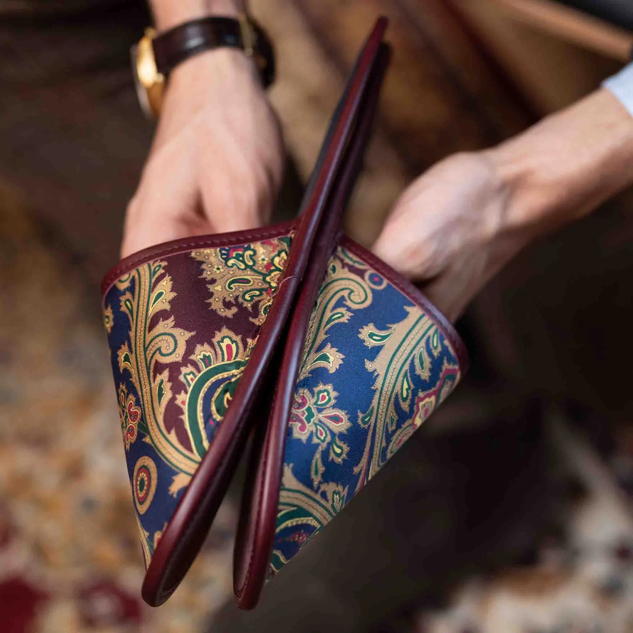 Burgundy Paisley Silk & Leather Slippers