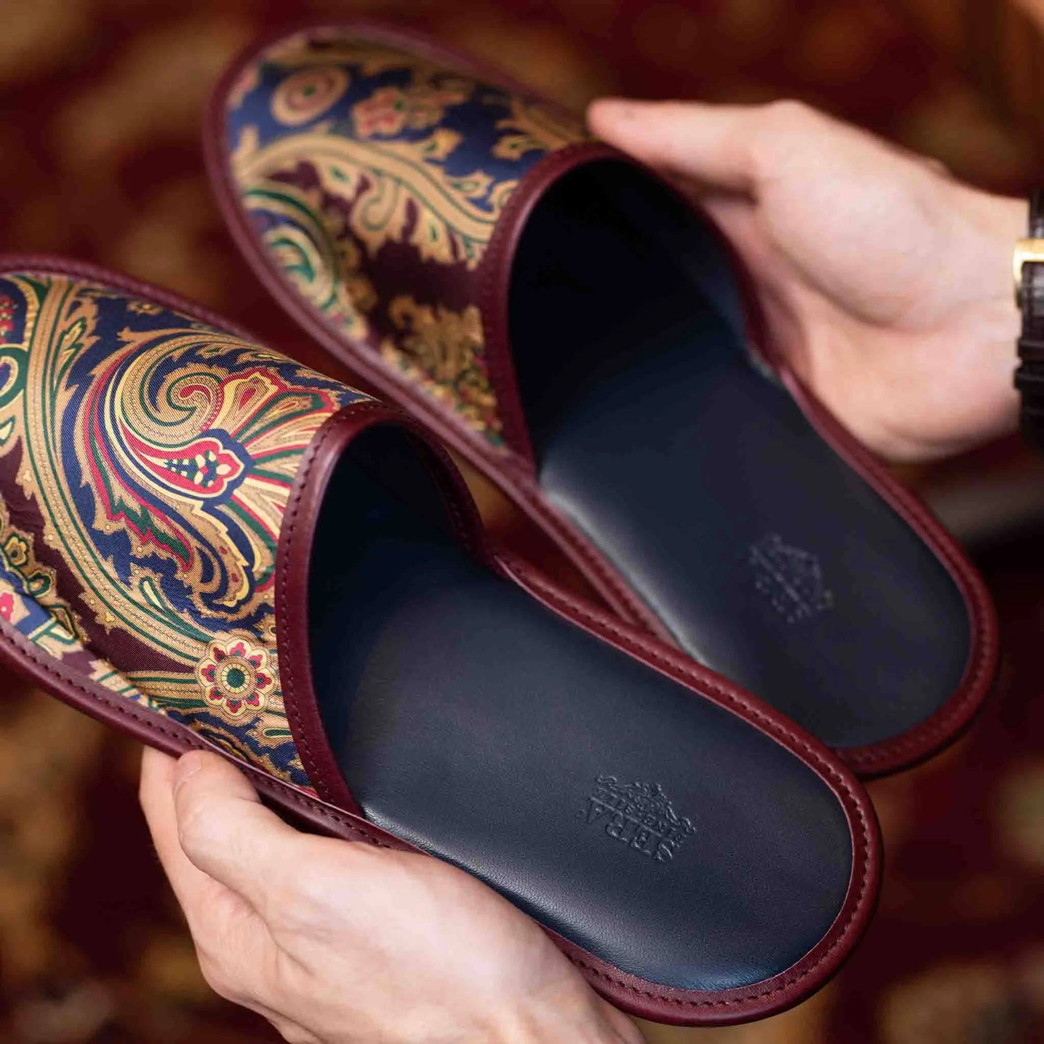 Burgundy Paisley Silk & Leather Slippers