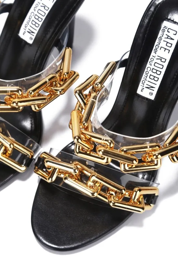 Cape Robbin Roma Black Gold Chain Clear High Stiletto Heel open Toe Mule Sandals