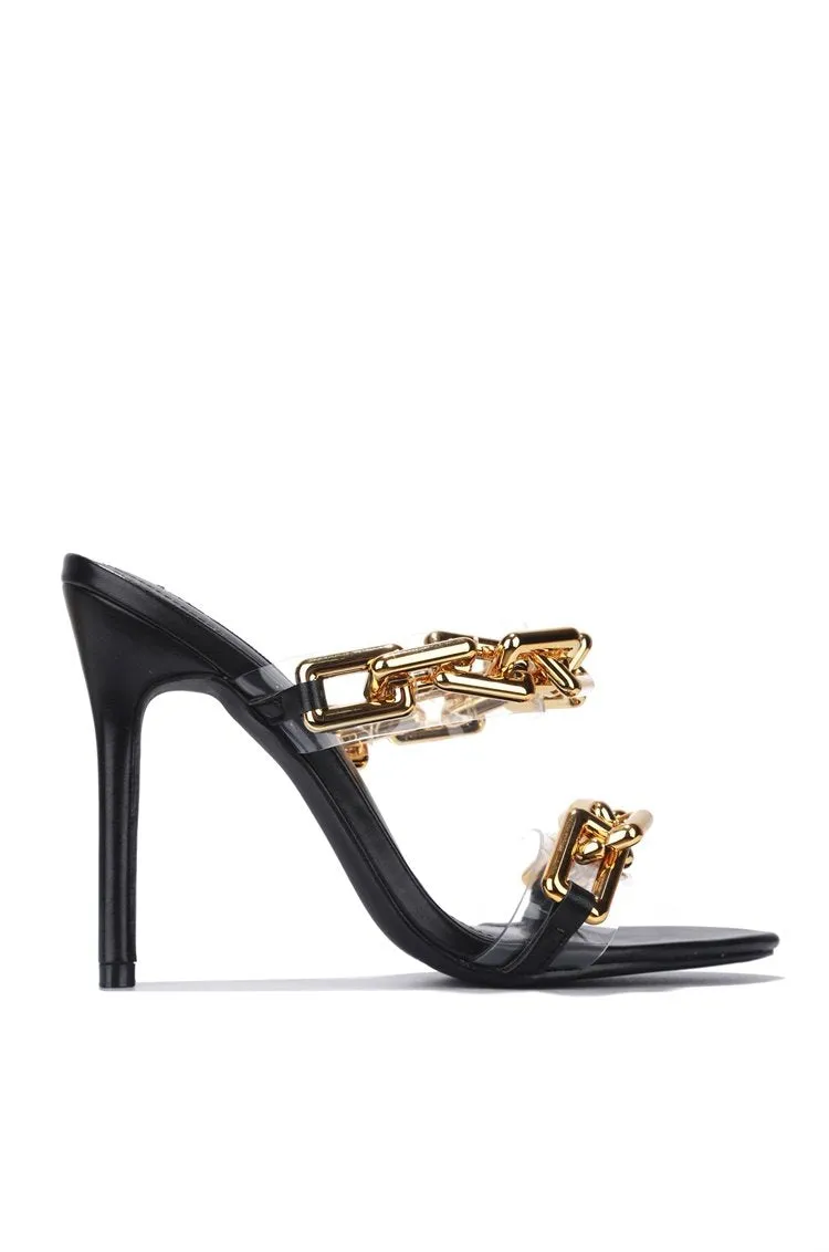 Cape Robbin Roma Black Gold Chain Clear High Stiletto Heel open Toe Mule Sandals