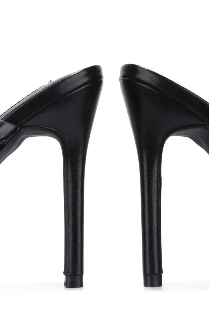 Cape Robbin Roma Black Gold Chain Clear High Stiletto Heel open Toe Mule Sandals