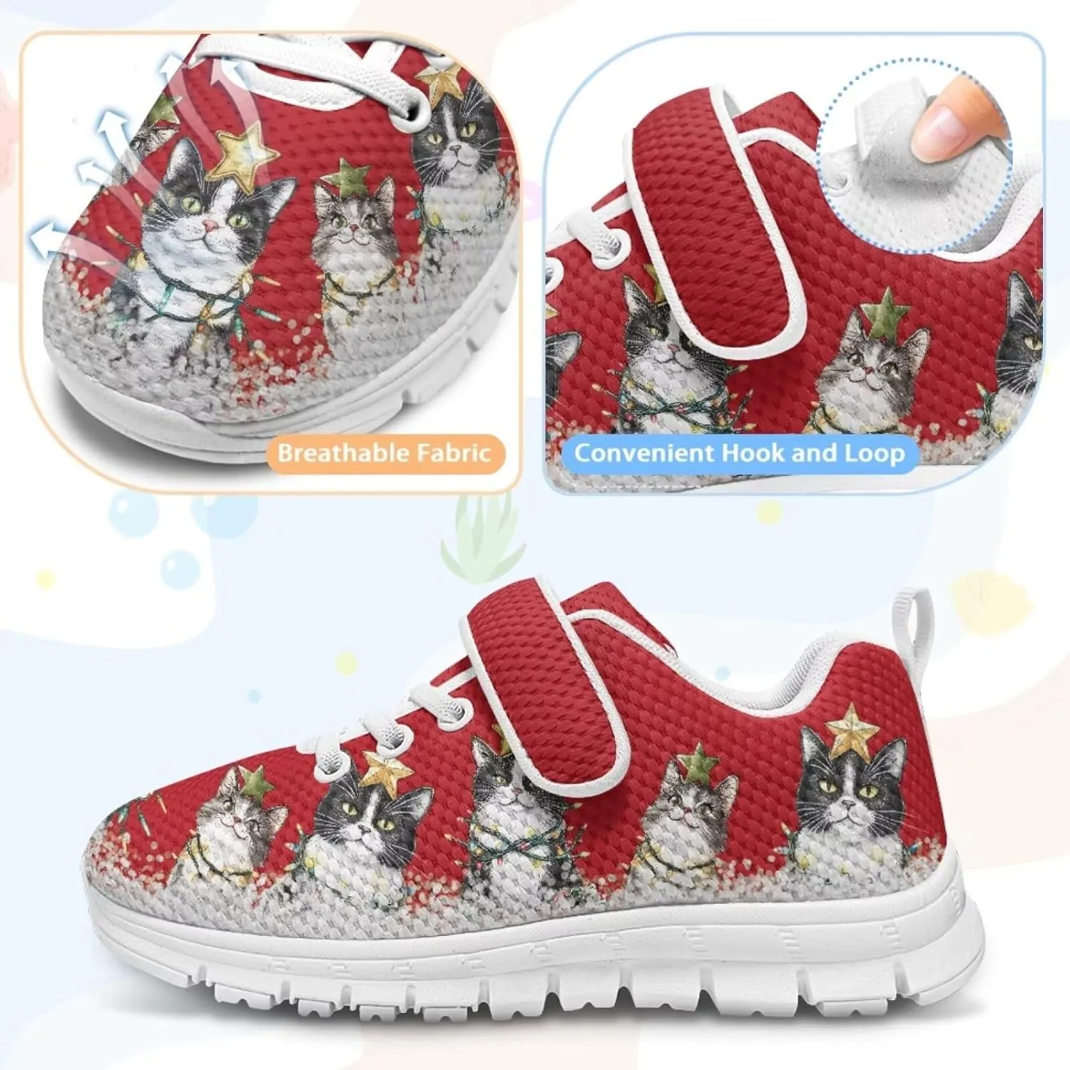 Cat Print Girls Boys Athletic Sneaker Casual Hiking Shoes Tennis Walking Strap Sneakers for Kids