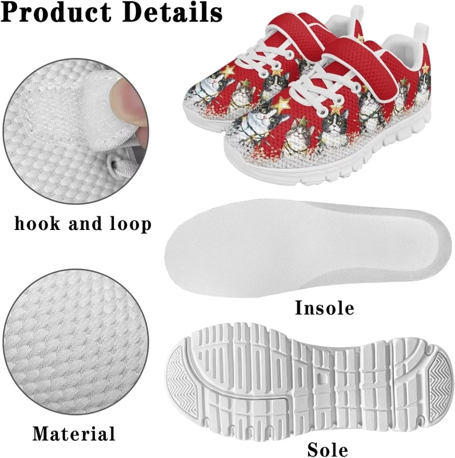 Cat Print Girls Boys Athletic Sneaker Casual Hiking Shoes Tennis Walking Strap Sneakers for Kids