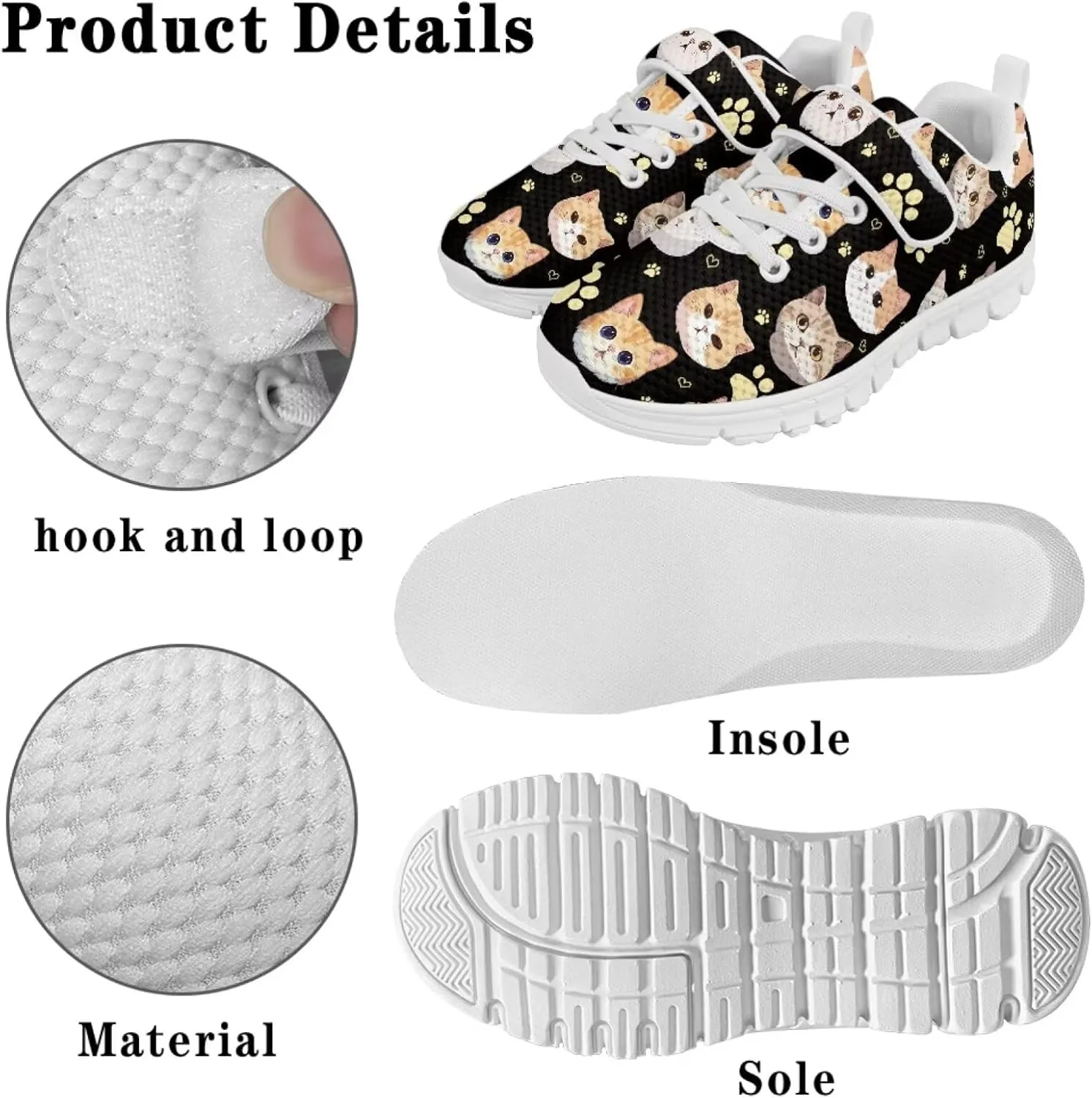 Cat Print Girls Boys Athletic Sneaker Casual Hiking Shoes Tennis Walking Strap Sneakers for Kids