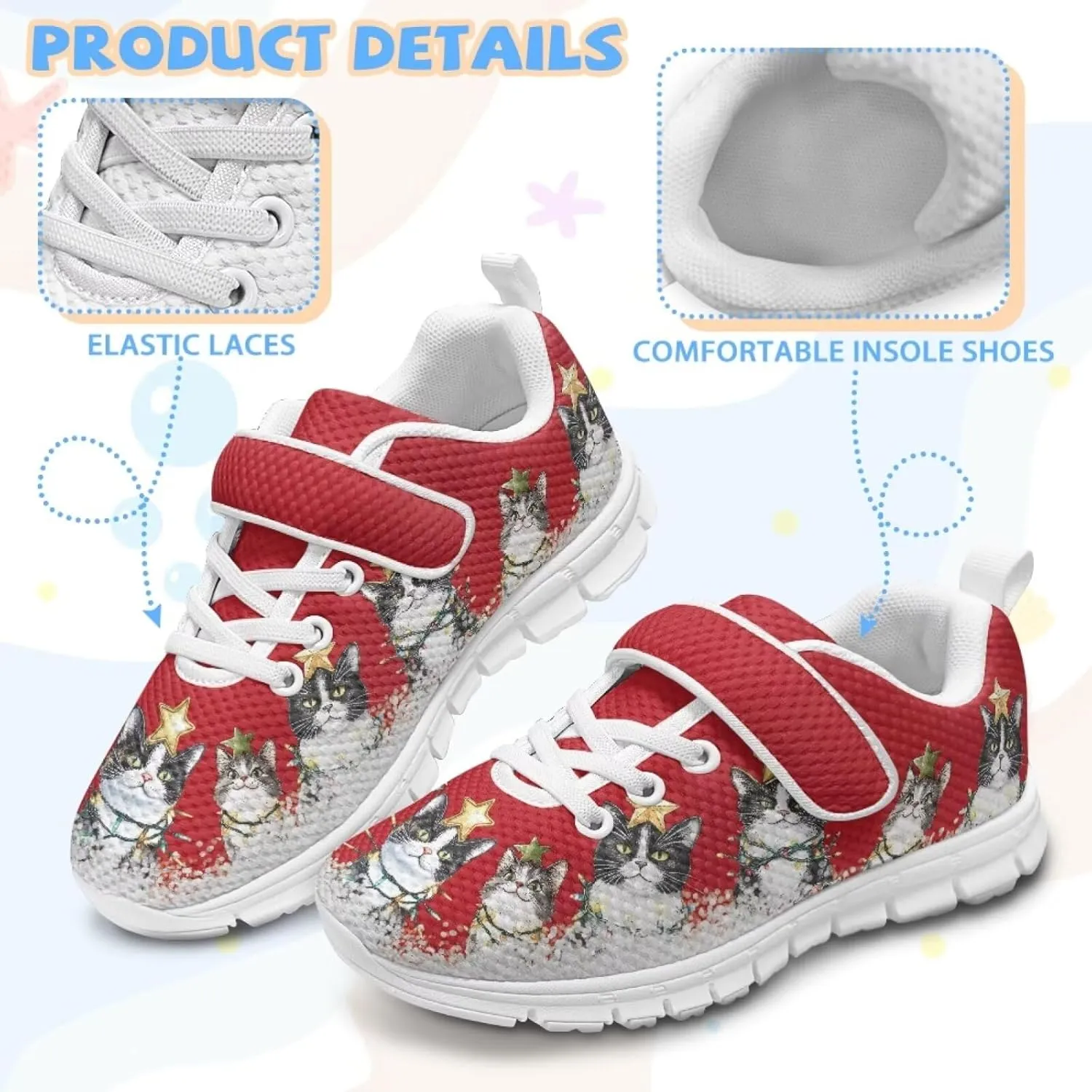 Cat Print Girls Boys Athletic Sneaker Casual Hiking Shoes Tennis Walking Strap Sneakers for Kids
