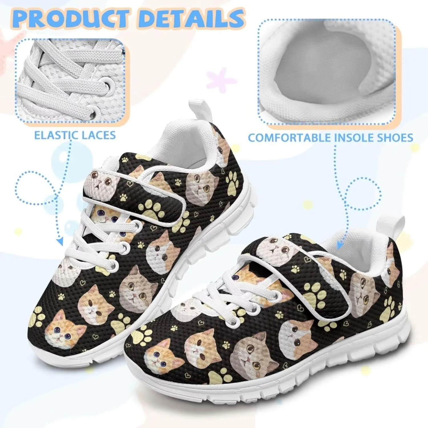 Cat Print Girls Boys Athletic Sneaker Casual Hiking Shoes Tennis Walking Strap Sneakers for Kids
