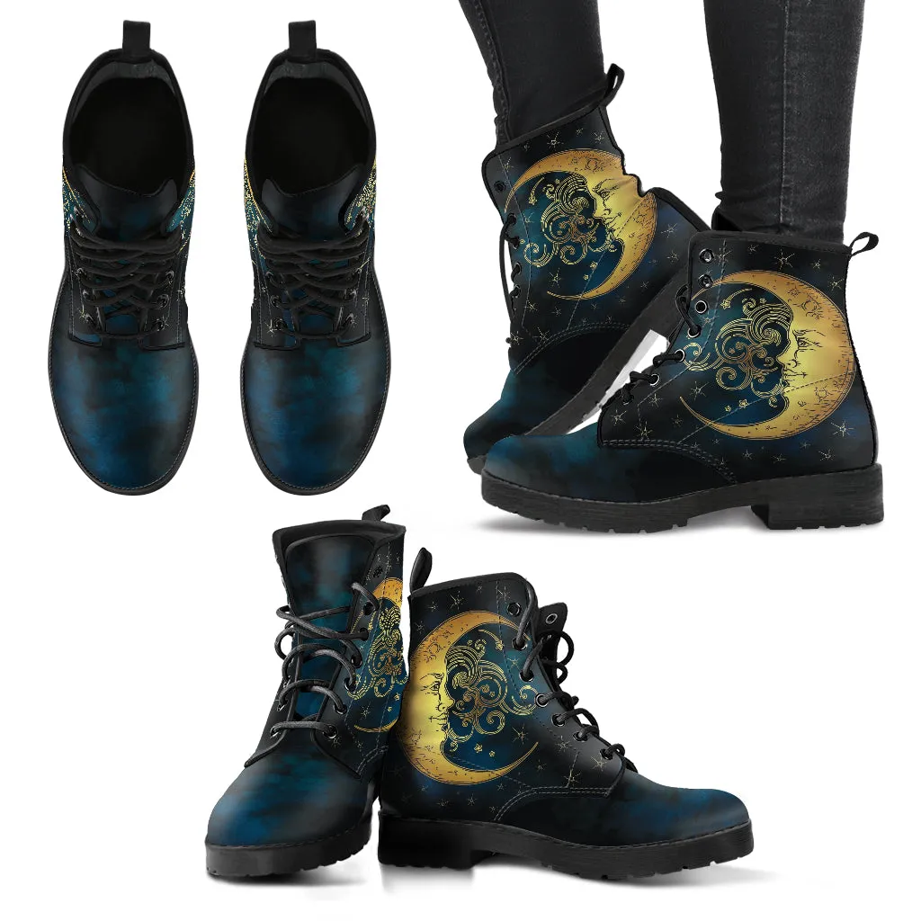 Celestial Moon Handcrafted Women's Vegan Leather Combat Boots Plus with Audio Recording
