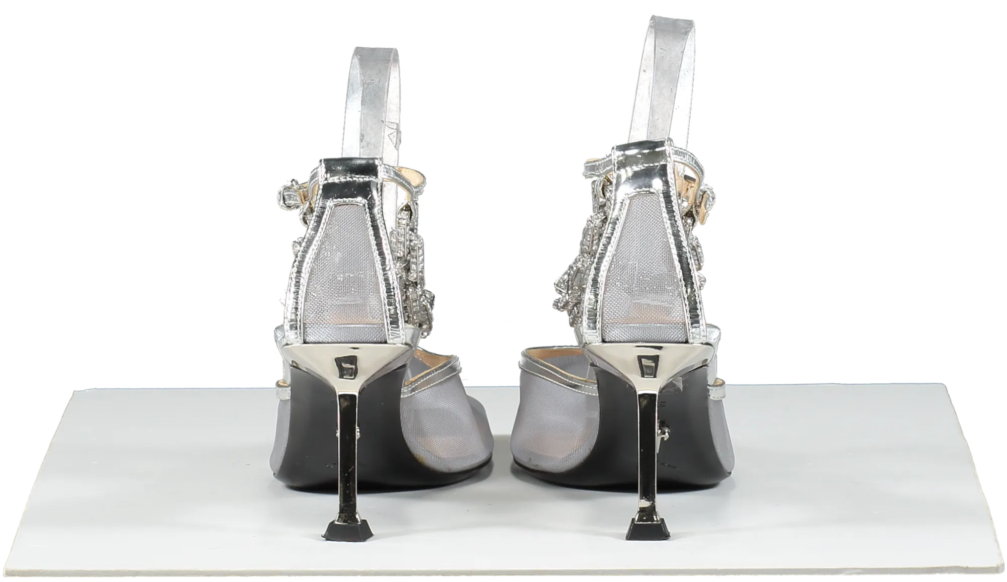 CESARE PACIOTTI Metallic Silver Leather And Mesh Swarovski Chain Detail Heels UK 5.5 EU 38.5 👠