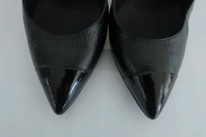 Chanel Cap Toe Pumps Black Leather & Patent Size 39.5 Pointed Toe Heel