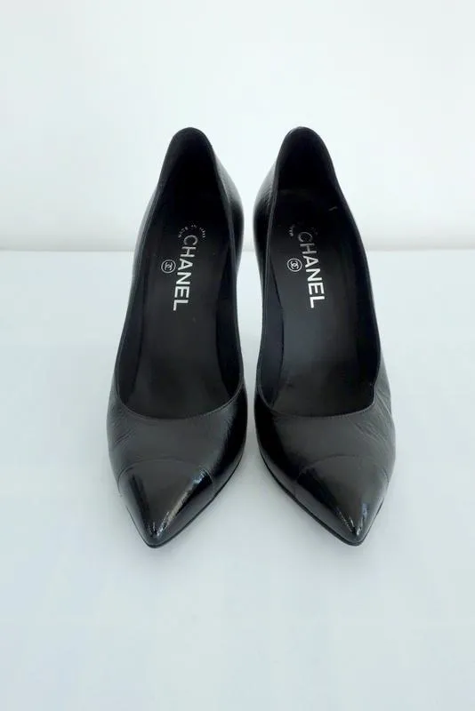 Chanel Cap Toe Pumps Black Leather & Patent Size 39.5 Pointed Toe Heel