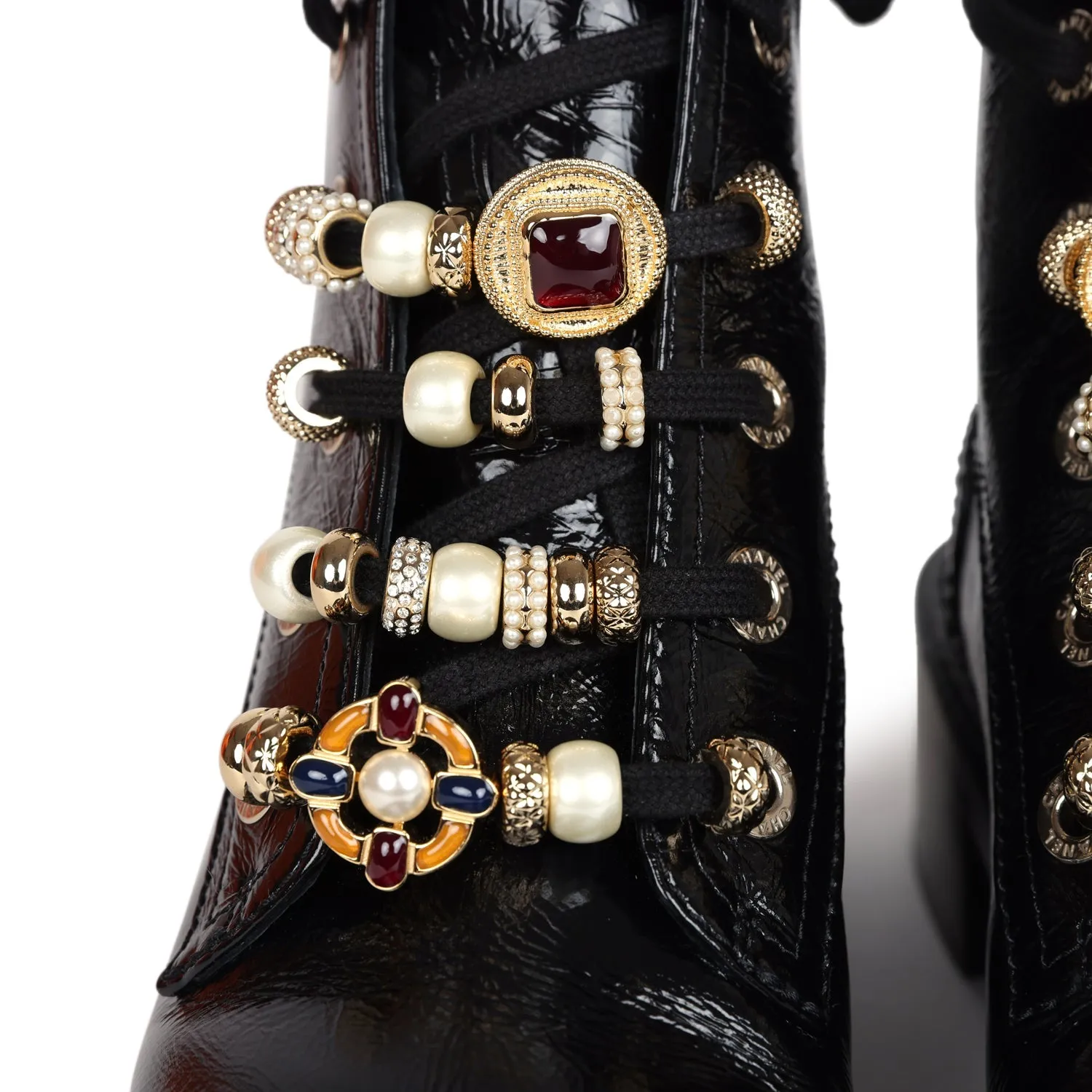 Chanel CC Combat Boots Black Shiny Aged Calfskin Gold Hardware 36.5 EU