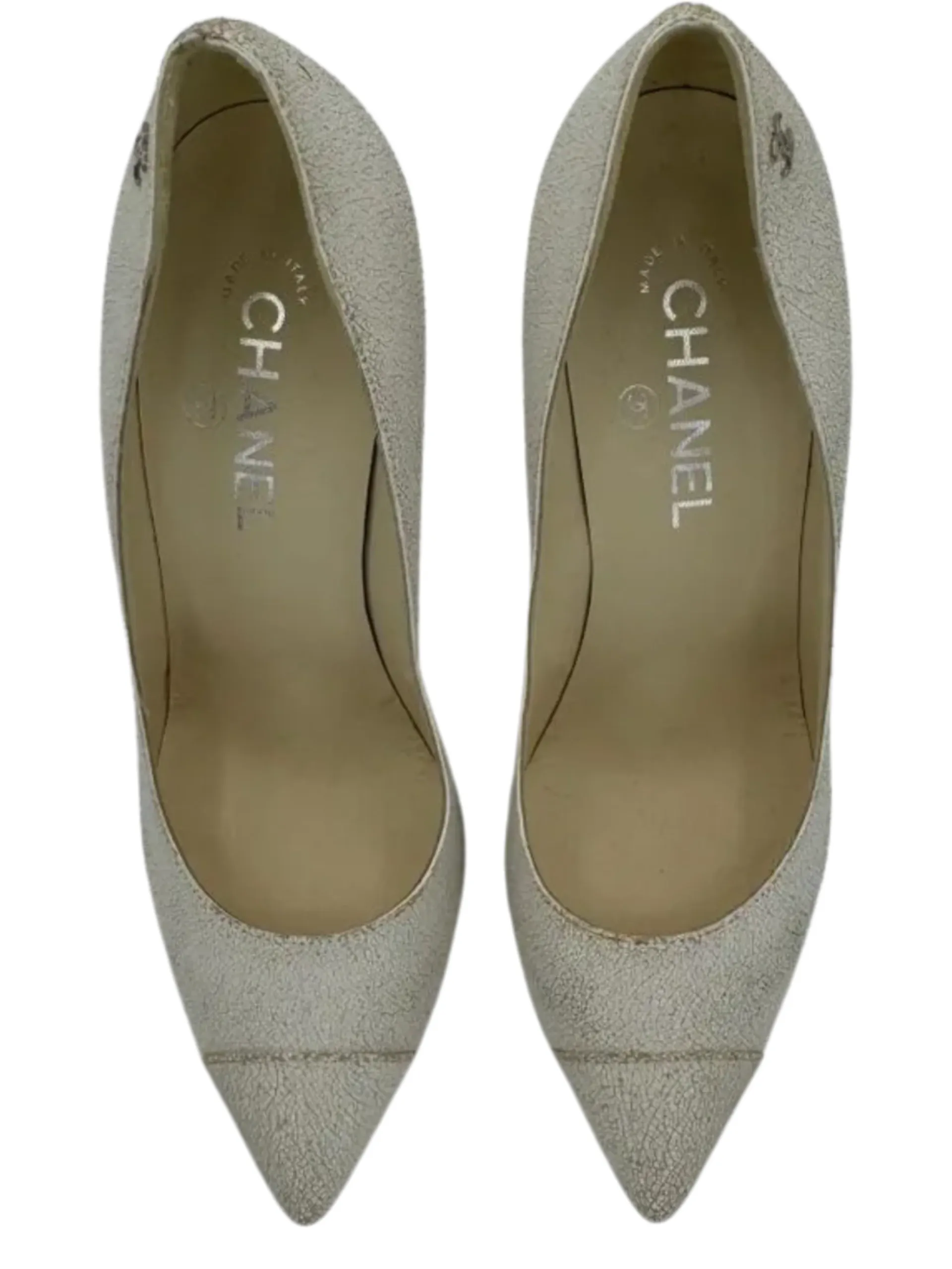Chanel White Cracked Leather Cap Toe Pumps Size 39