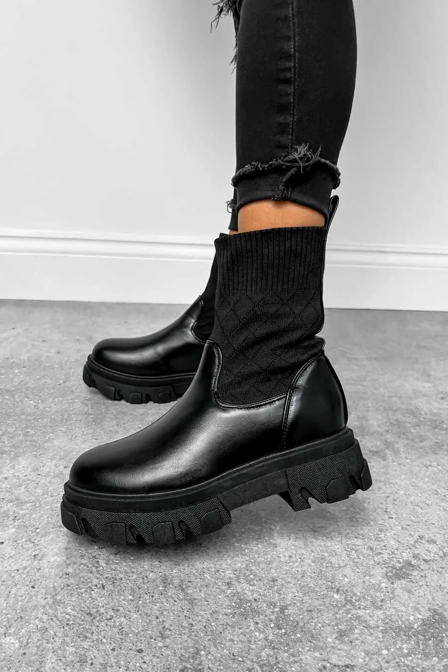CHAOS Chunky Sock Fit Ankle Boots - Black PU