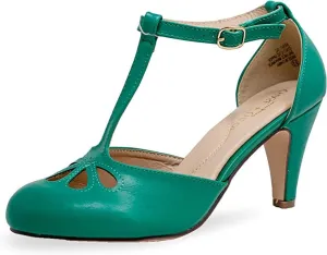Chase & Chloe Kimmy-36 Green Pu Comfort Cut Out Ankle Strap Kitten Heel Pumps