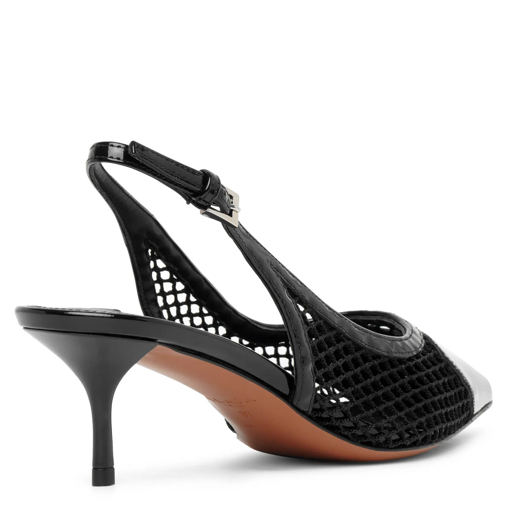 Coeur 55 black patent mesh slingback pumps