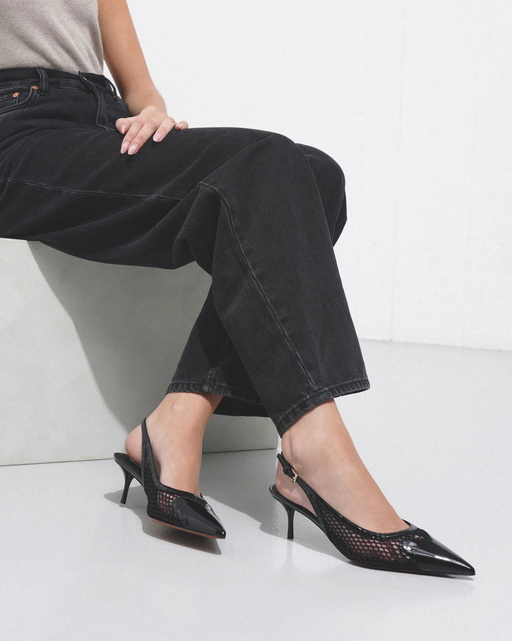 Coeur 55 black patent mesh slingback pumps