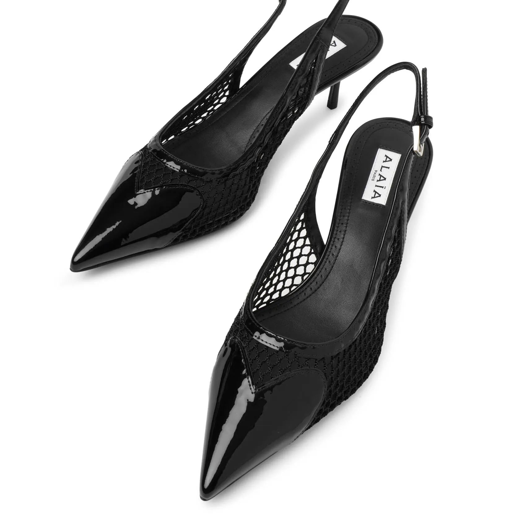 Coeur 55 black patent mesh slingback pumps