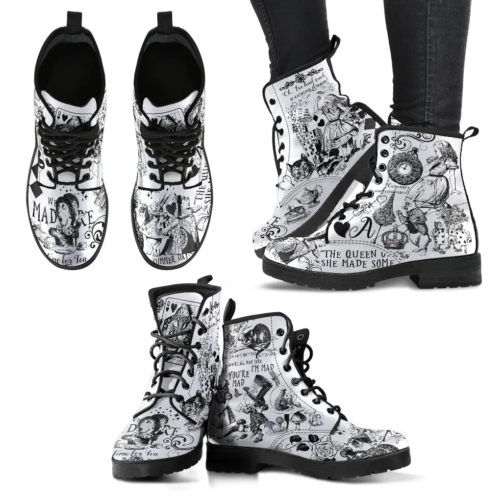 Combat Boots-Alice in Wonderland Gifts #101 Black and White Series, Gift Idea, Women's Boots, Cool Shoes, Vegan Shoes, Vegan Leather