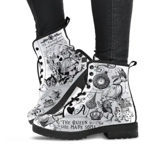 Combat Boots-Alice in Wonderland Gifts #101 Black and White Series, Gift Idea, Women's Boots, Cool Shoes, Vegan Shoes, Vegan Leather