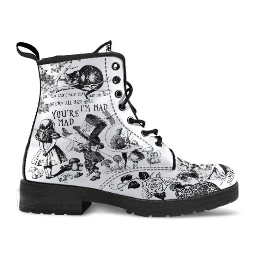 Combat Boots-Alice in Wonderland Gifts #101 Black and White Series, Gift Idea, Women's Boots, Cool Shoes, Vegan Shoes, Vegan Leather