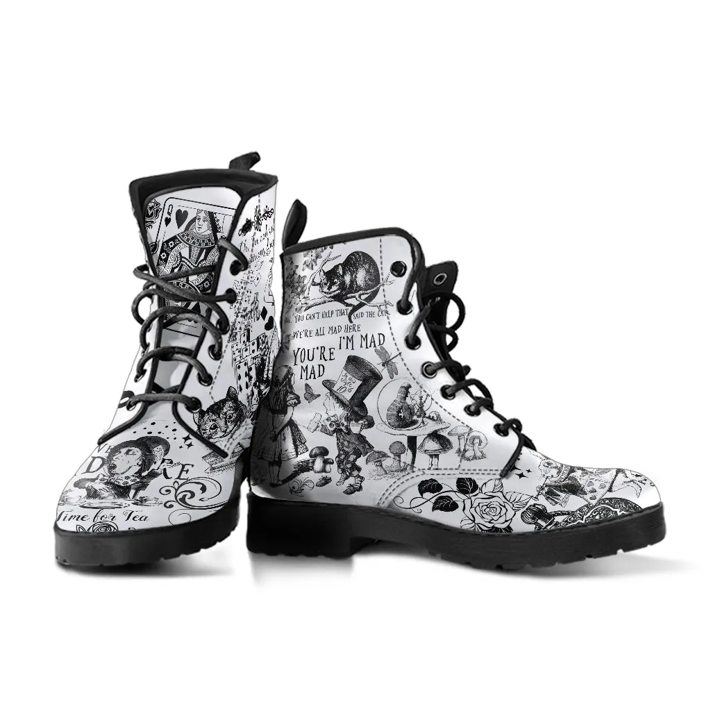 Combat Boots-Alice in Wonderland Gifts #101 Black and White Series, Gift Idea, Women's Boots, Cool Shoes, Vegan Shoes, Vegan Leather