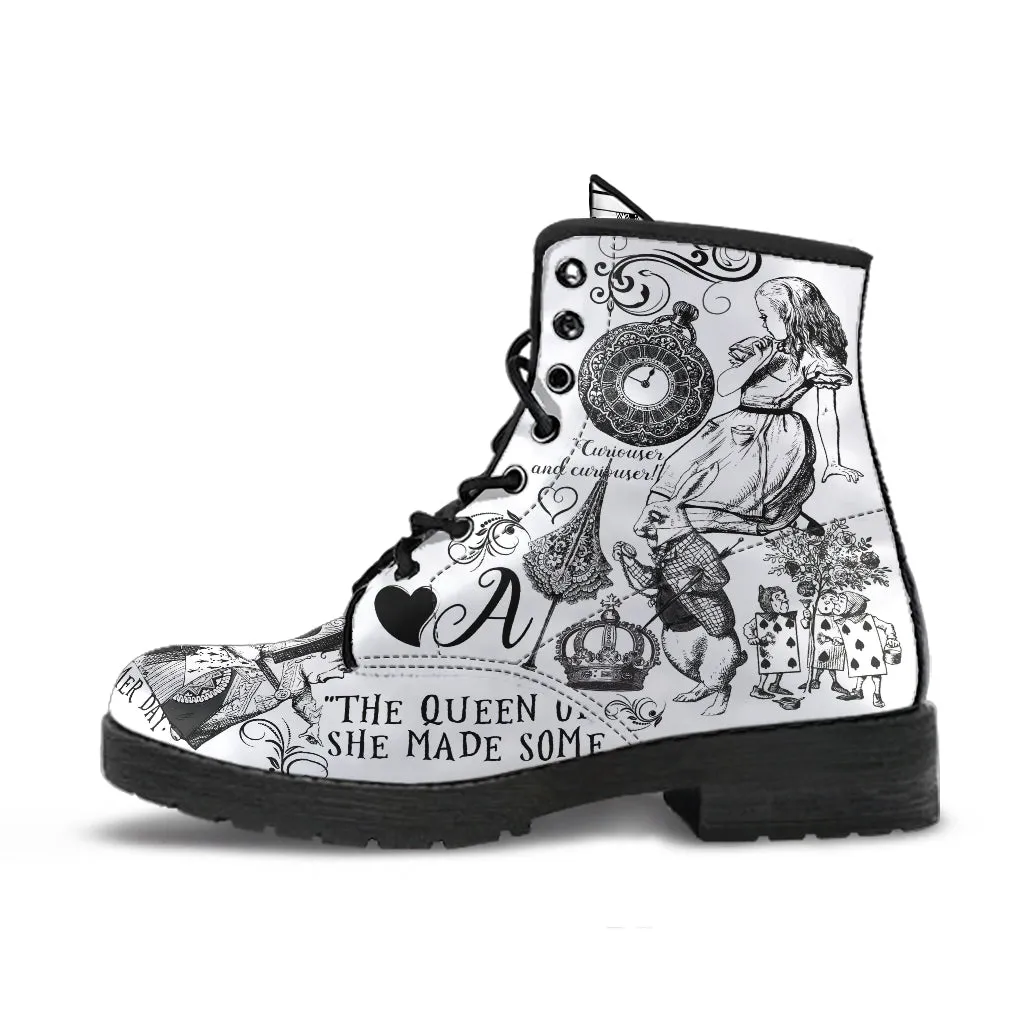 Combat Boots-Alice in Wonderland Gifts #101 Black and White Series, Gift Idea, Women's Boots, Cool Shoes, Vegan Shoes, Vegan Leather
