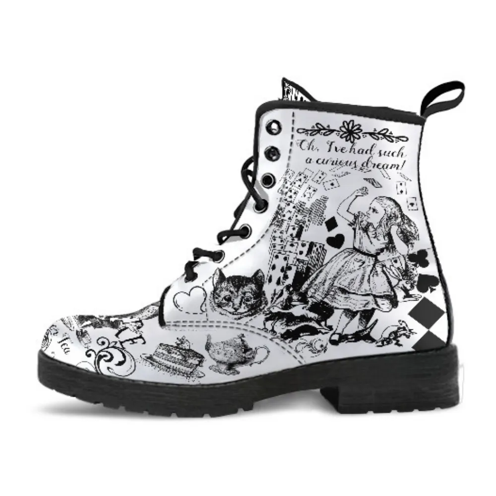Combat Boots-Alice in Wonderland Gifts #101 Black and White Series, Gift Idea, Women's Boots, Cool Shoes, Vegan Shoes, Vegan Leather