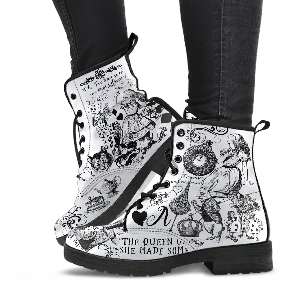 Combat Boots-Alice in Wonderland Gifts #101 Black and White Series, Gift Idea, Women's Boots, Cool Shoes, Vegan Shoes, Vegan Leather