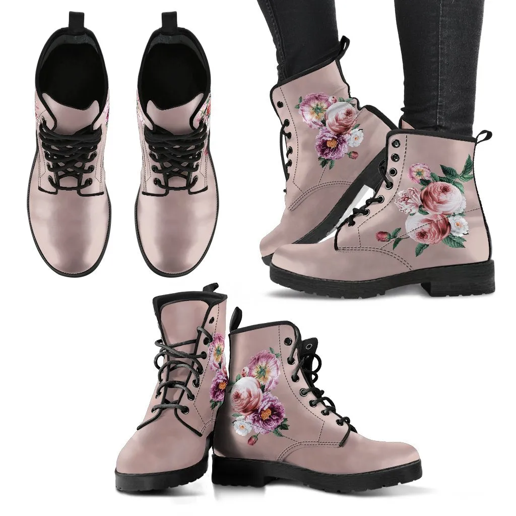 Combat Boots - Beautiful Flowers #14 Pink | Blush Pink Flat Shoes, Vegan Leather Lace Up Boots Women, Handmade Lace Up Boots, Custom Shoes