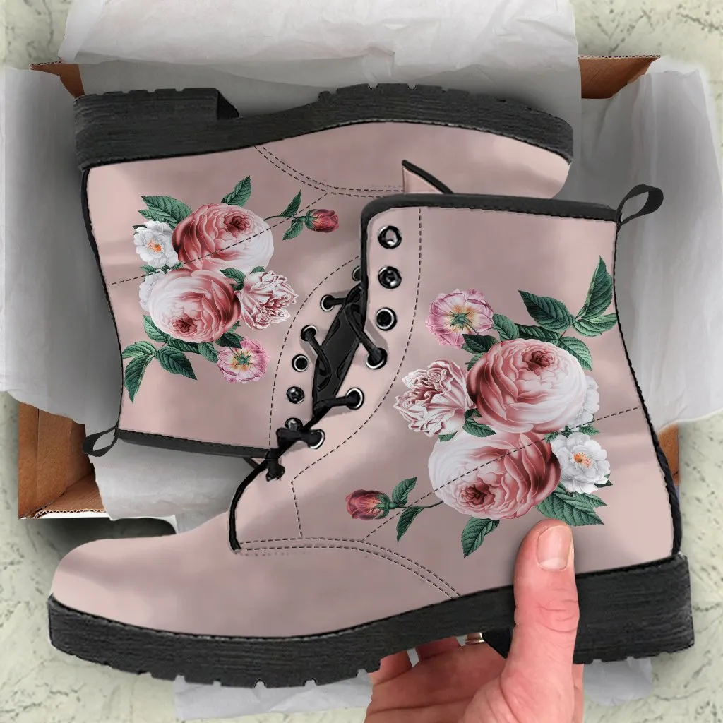 Combat Boots - Beautiful Flowers #14 Pink | Blush Pink Flat Shoes, Vegan Leather Lace Up Boots Women, Handmade Lace Up Boots, Custom Shoes