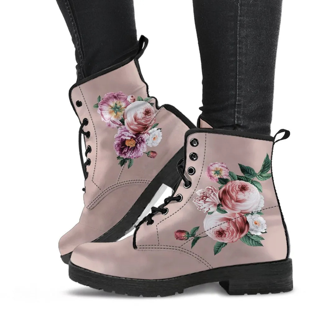 Combat Boots - Beautiful Flowers #14 Pink | Blush Pink Flat Shoes, Vegan Leather Lace Up Boots Women, Handmade Lace Up Boots, Custom Shoes