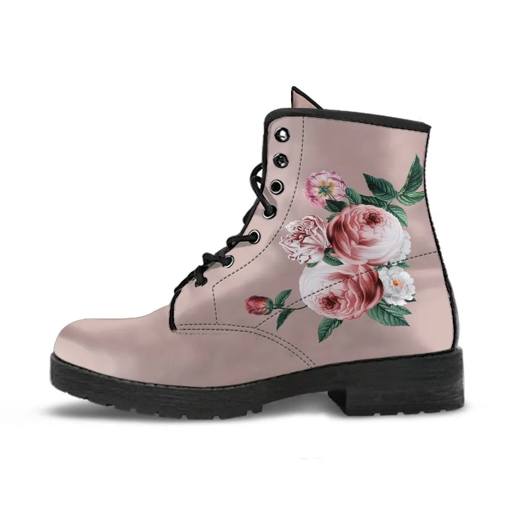 Combat Boots - Beautiful Flowers #14 Pink | Blush Pink Flat Shoes, Vegan Leather Lace Up Boots Women, Handmade Lace Up Boots, Custom Shoes
