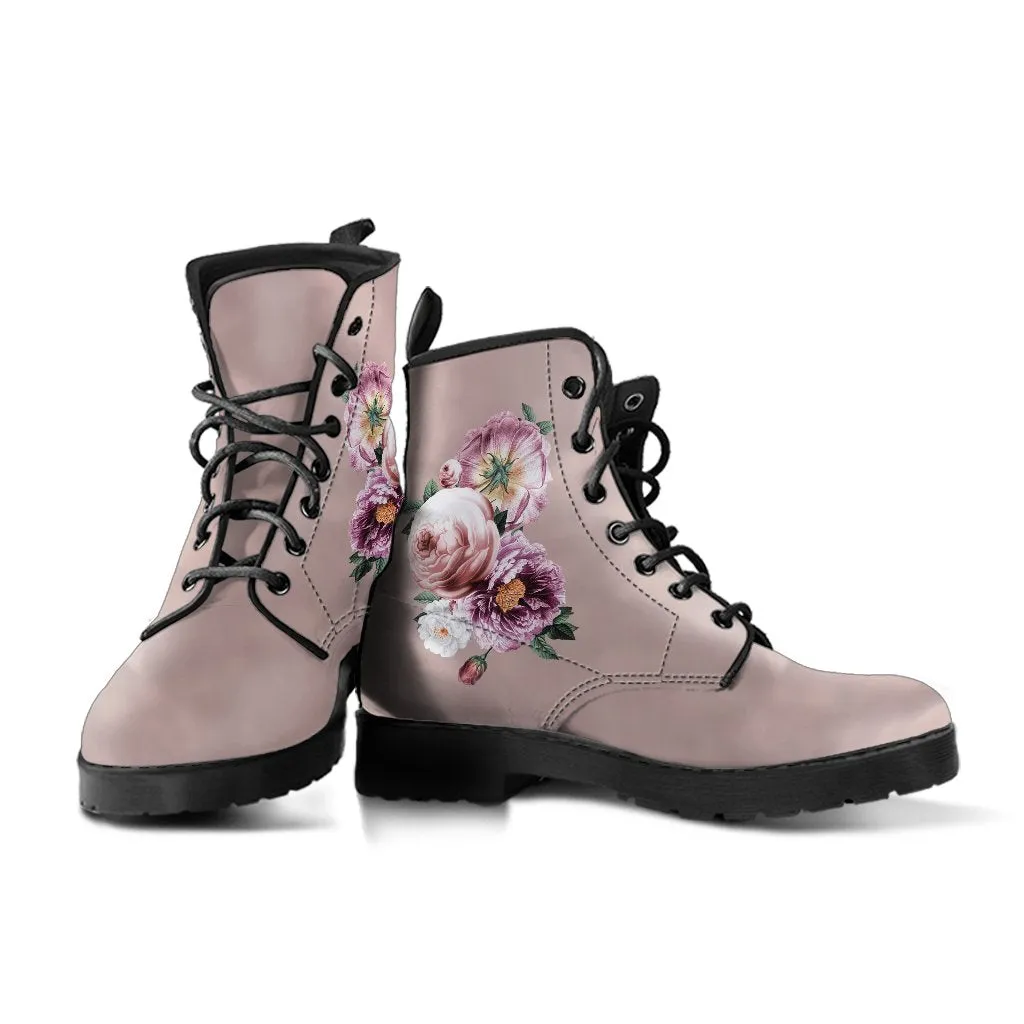 Combat Boots - Beautiful Flowers #14 Pink | Blush Pink Flat Shoes, Vegan Leather Lace Up Boots Women, Handmade Lace Up Boots, Custom Shoes